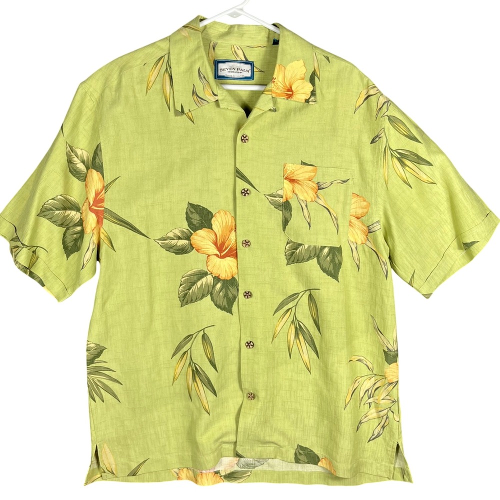 Seven Palm 100% Silk Hawaiian Shirt Mens L Green Floral Hibiscus Tropical Button